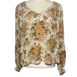 Floral V-Neck Peasant Blouse - Cream/Orange/Pink